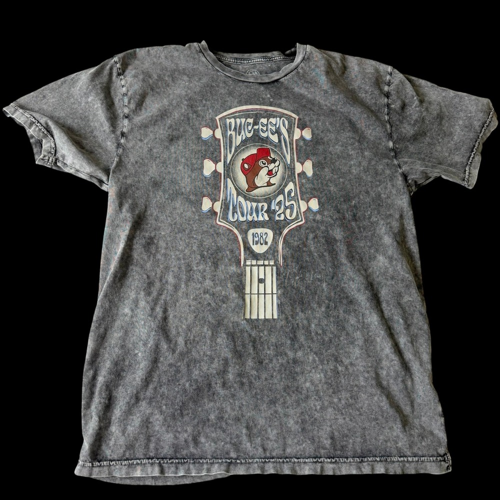 Buc-ees Tour 25 Mineral Wash T-Shirt Charcoal Grey Large 1982 Guitar